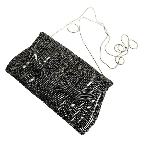 Mary Frances Handbags - Mary Frances Black Beaded Evening Clutch Bag Silver Snake Chain Strap Art Deco